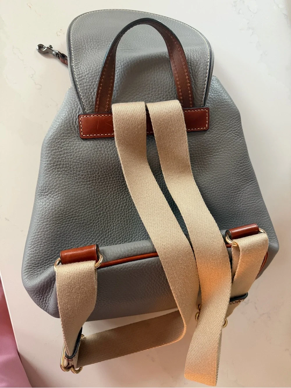 Dooney & Bourke Light Grey Pebbled Leather Backpack with Brown Trim